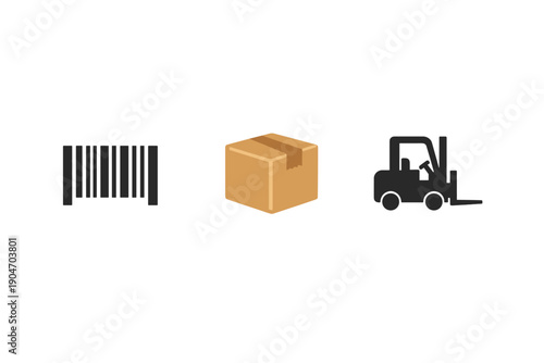 Barcodes, packages, and forklifts are important tools in warehouses and shipping centers for managing inventory and transporting goods around the facility