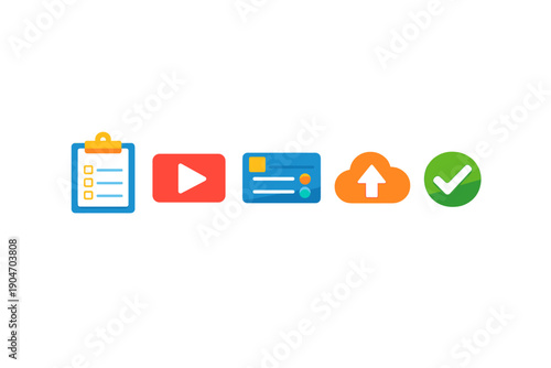 Icons representing tasks and actions for a digital project management system, including task list, video, card, upload, and confirmation symbol