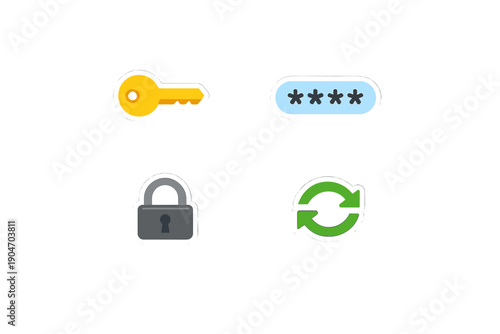 Icons representing security elements such as keys, passwords, locks, and symbols for resetting in a digital environment