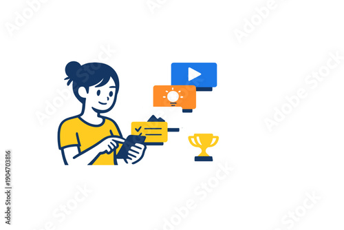 Person uses smartphone to engage with online content and win a trophy during a digital competition in a bright location
