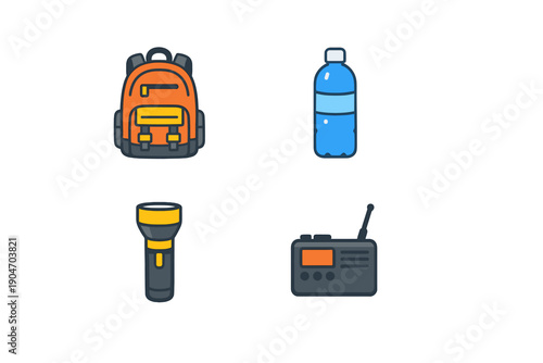 Essential items for outdoor adventure include a backpack, water bottle, flashlight, and radio for communication and safety in various outdoor settings