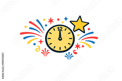 Celebration scene with clock striking midnight and colorful fireworks around the clock showing the countdown to a new year or special event