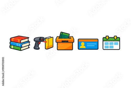Icons represent various library activities including book storage, cataloging, and scheduling events at a public library