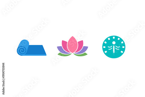 Yoga mat, lotus flower, and symbol shown on a plain white background during a wellness activity session focused on relaxation and mindfulness practices