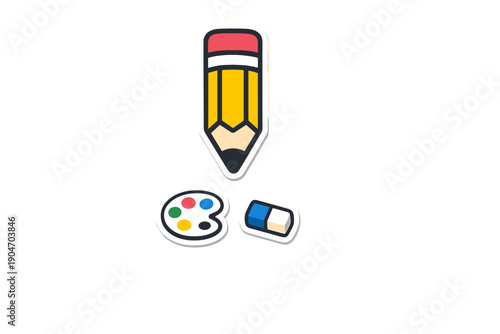 Creative tools for drawing and painting with a pencil, a color palette, and an eraser in a simple design