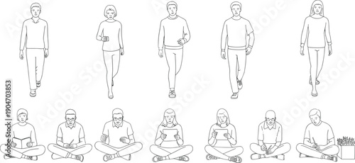People line illustration collection men and women walking sitting reading daily activities vector outline characters isolated set