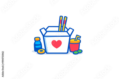 Container with food, drink, and utensils sits on a plain background, showing a casual meal setup that offers convenience and enjoyment
