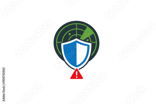 Secure connection and alert signal shown with a shield symbol and radar graphics in a digital design environment