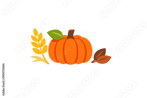 Pumpkin sits next to wheat and leaves in a simple arrangement that shows the colors of fall during harvest season