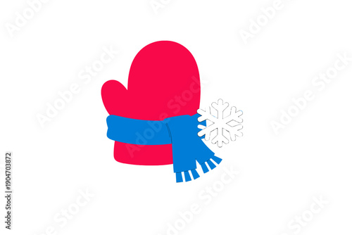 Colorful mitten wearing a blue scarf with a snowflake design in a simple winter theme