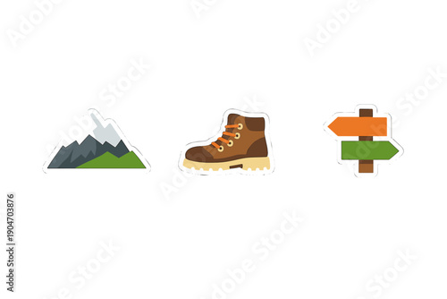 Hiking to the mountains with sturdy boots and a signpost guiding the trail