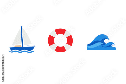 A sailboat, a lifebuoy, and ocean waves are displayed together in a simple design showing elements of water activities and safety gear commonly found at the beach or in boating