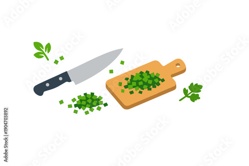 Chopping herbs on a wooden cutting board with a knife and fresh greens in a kitchen setting during daytime
