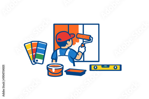 Painter works on a wall while using a roller and paint to complete the task in a room with paint samples and tools present