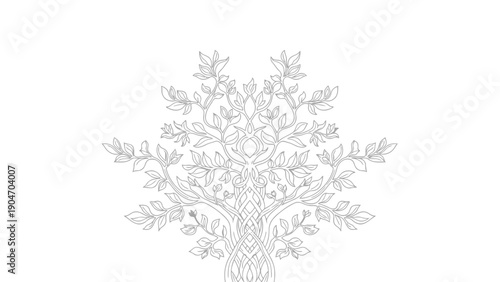 Intricate tree design with twisted branches and leaves