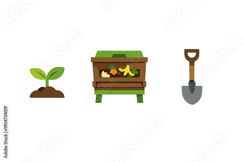 Gardening tools and compost bin with young plant growth in a backyard setting during daylight hours