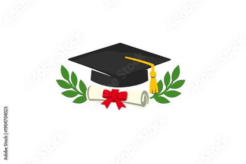 Graduation cap and diploma with green leaves symbolize achievement in education for students completing their studies