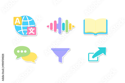 Colorful icons representing language, sound, reading, communication, filtering, and growth displayed on a plain background during a creative design session
