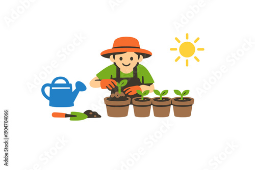 Gardener planting young plants in pots under a bright sun in a gardening activity at home during daytime