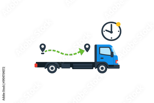 Delivery truck moves between locations on a route while following a schedule, representing logistics and transportation activities in urban areas