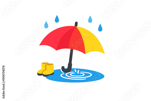Bright colored umbrella stands in a puddle beside yellow rain boots under falling raindrops in a simple urban setting on a rainy day