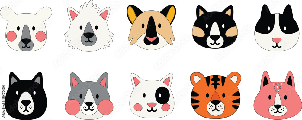 Naklejka premium Cartoon animal faces of various breeds and colors on white background