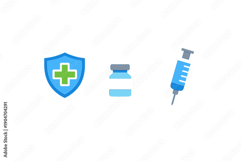 Fototapeta premium Health symbols showing vaccination process with a shield, vial, and syringe in a simple layout
