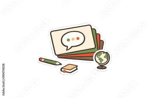 Colorful study materials are arranged on a table with a globe and a pencil during a learning session in a classroom environment