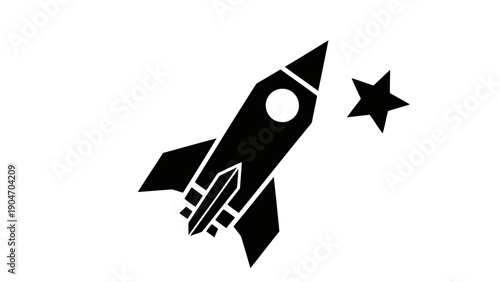 Simple black rocket ship flying towards a star