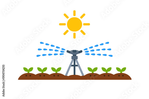 Sprinkler waters plants under a bright sun in a garden on a sunny day