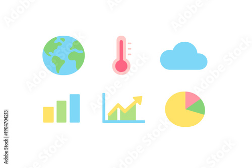 Symbols showing global data and climate trends with graphs and charts displayed on a plain background