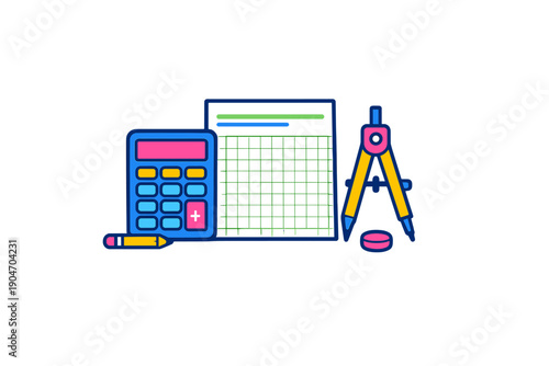 Drawing and calculation tools on a workspace with a calculator, compass, pencil, and grid paper arranged for a project