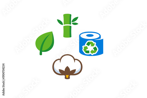 Icons showing sustainable materials and recycling methods for eco-friendly products in daily life and their impact on the environment