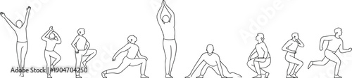 People line illustration set yoga exercise stretching running poses healthy lifestyle fitness activities vector outline characters collection