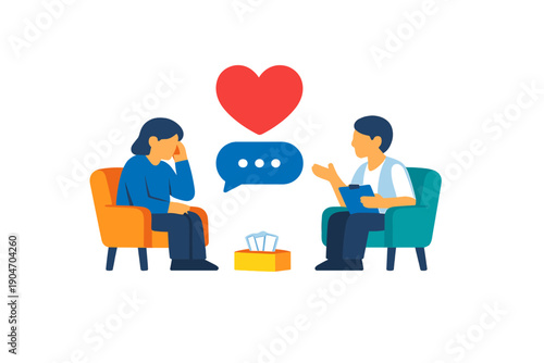 Two people have a conversation about feelings in a therapy session with heart symbols and speech bubbles present