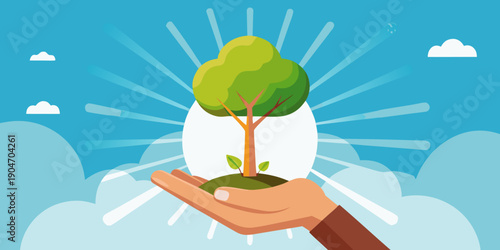 Hand holding small tree with sunlight high resolution photo