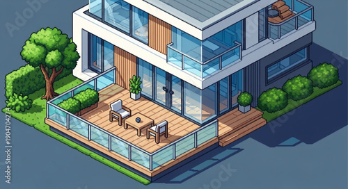 Modern Isometric House Exterior with Balcony and Garden.