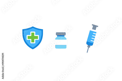 Health symbols showing vaccination process with a shield, vial, and syringe in a simple layout