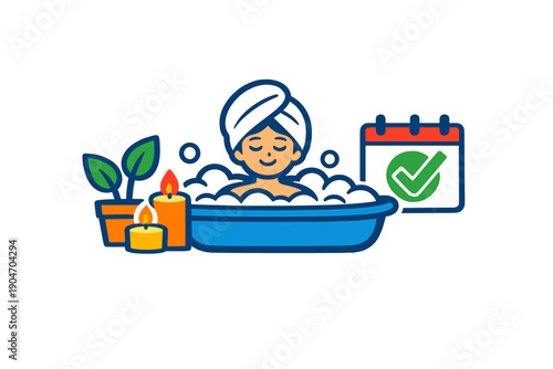 Relaxation in a bathtub with candles and plants scheduled on a calendar for self-care