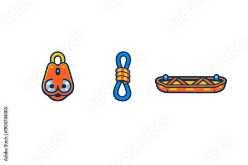 Safety gear for water activities including a pulley, rope, and raft widely used in rescue operations and outdoor adventures like kayaking or rafting on a sunny day in summer