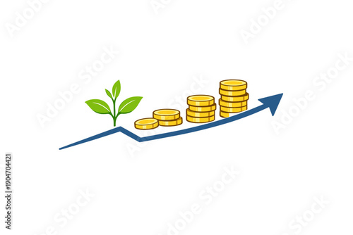 Growth of investment shown by a plant and stacks of coins with an upward arrow in a simple design