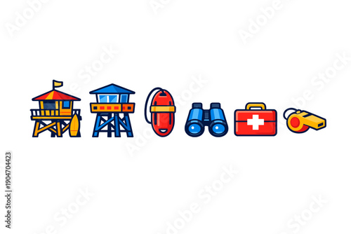 Lifeguard station and safety gear for beach activities during a sunny day at the shore