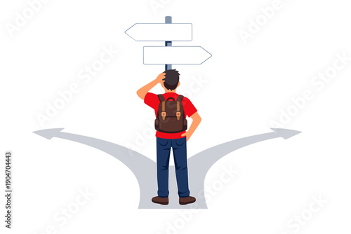 Person stands at a crossroads looking at empty directional signs under a clear sky while deciding which path to take for the next journey