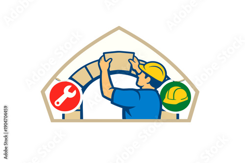 Workers build a brick wall inside a construction site during daytime with tools nearby and safety gear worn by a man