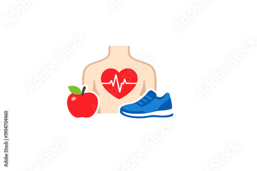 Graphic representation of health and wellness centered around a heart symbol and healthy lifestyle choices including an apple and running shoes