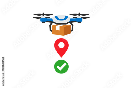 Delivery drone carrying a package near a location marker and check symbol during a sunny day outside