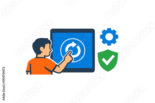 Boy interacts with tablet and learns about updates and security in a digital environment during an afternoon session