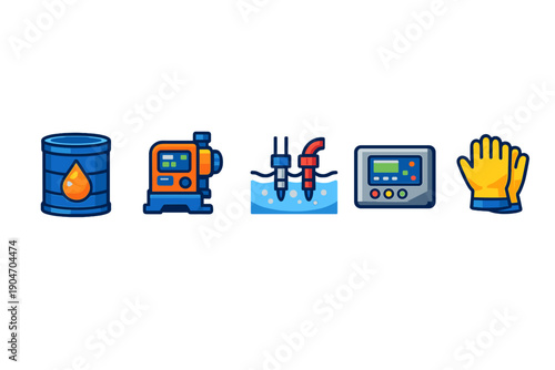 Different tools and equipment for industrial applications shown in a row with each item representing a specific function in a working environment