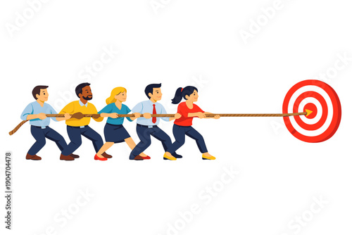 Group of people working together to pull a rope towards a target during a team-building activity on a sunny day