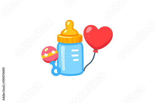 Colorful baby bottle with a rattle and heart-shaped balloons in a playful setting for celebrations and events